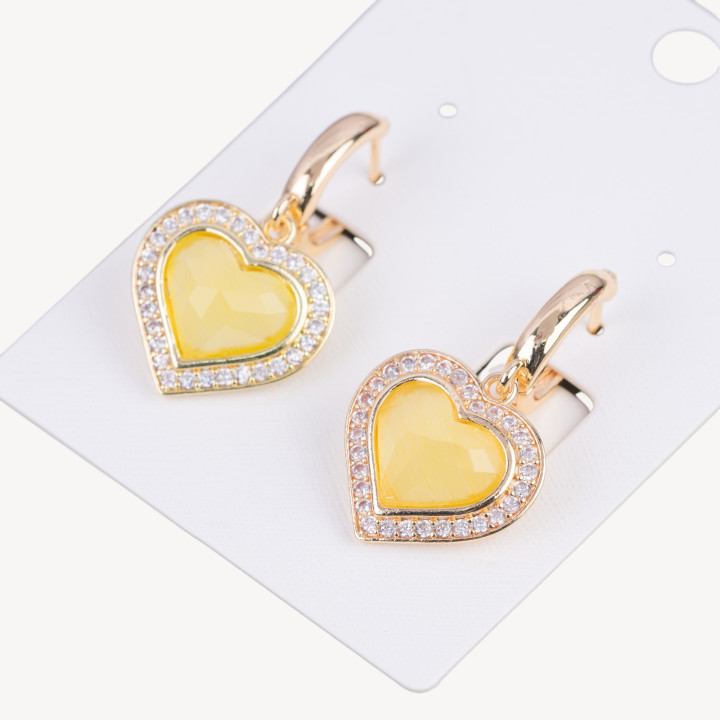 Orecchini Perno Chiuso Di Bronzo Con Zirconi E Occhio Di Gatto Cuore 18x33mm Dorato Giallo