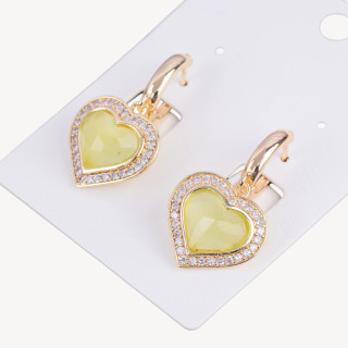 Bronze Closed Stud Earrings With Zircons And Cat's Eye Heart 18x33mm Lime