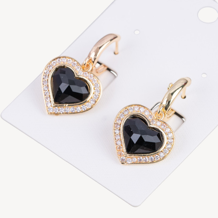 Pendientes Cerrados De Bronce Con Circonitas Y Corazon Ojo De Gato 18x33mm Negro