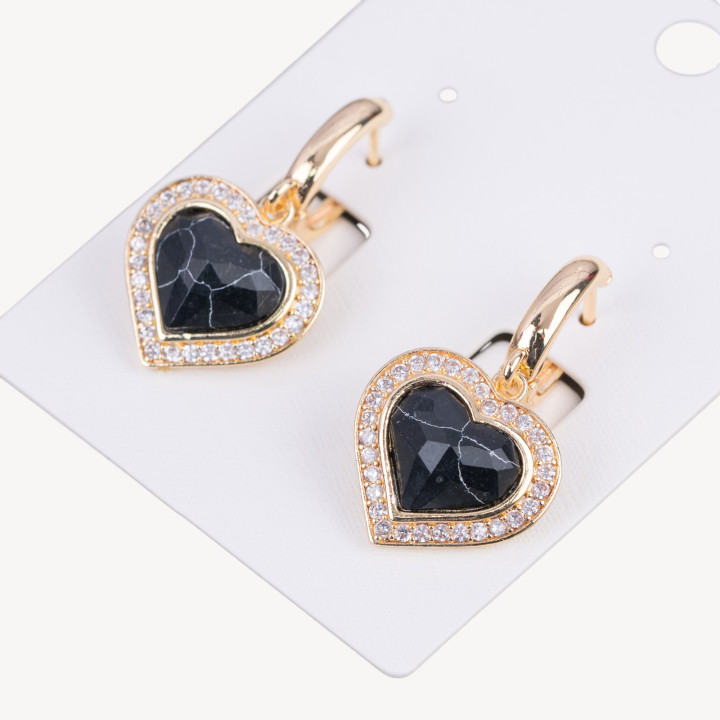 Orecchini Perno Chiuso Di Bronzo Con Zirconi E Occhio Di Gatto Cuore 18x33mm Dorato Nero Variegato