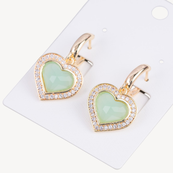 Boucles D'oreilles Tiges Fermées Bronze Avec Zircons Et Coeur Oeil De Chat 18x33mm Vert D'eau