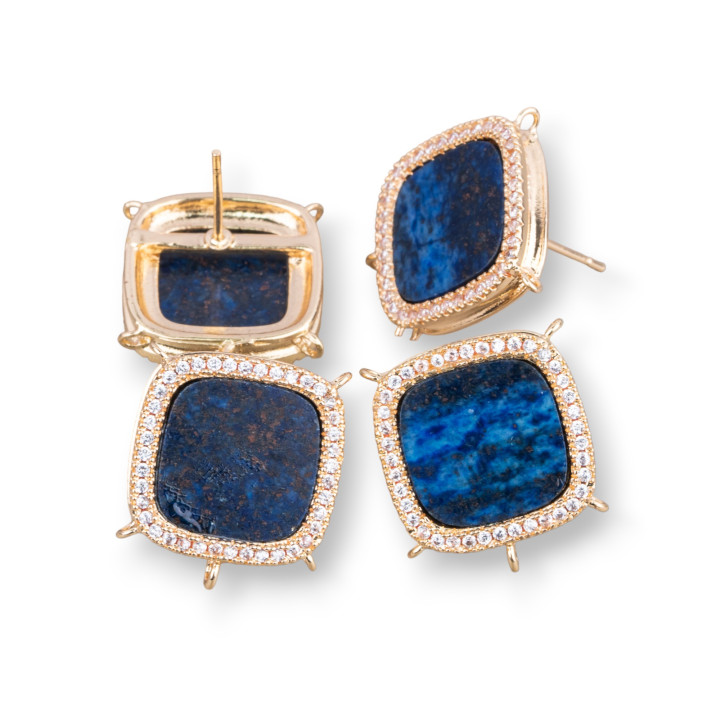Brass Stud Earring Base with Natural Stones Square with 5 Hoops 16mm 3 Pairs Golden Blue