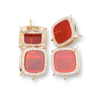 Boucles D'oreilles Tiges Laiton Base Avec Pierres Naturelles Carrées Avec 5 Anneaux 16mm 3 Paires Cornaline Dorée