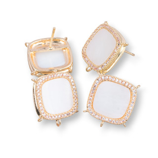 Base for Brass Stud Earrings with Natural Stones Square with 5 Hoops 16mm 3 Pairs Golden White Mother of Pearl