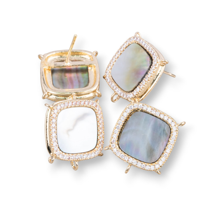 Base for Brass Stud Earrings with Natural Stones Square with 5 Hoops 16mm 3 Pairs Golden Black Mother of Pearl