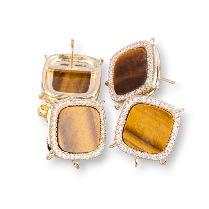 Brass Stud Earring Base with Natural Stones Square with 5 Hoops 16mm 3 Pairs Golden Tiger Eye