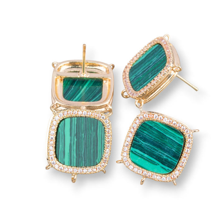 Aretes Latón Base Con Piedras Naturales Cuadradas Con 5 Anillos 16mm 3 Pares Pasta De Malaquita Dorada