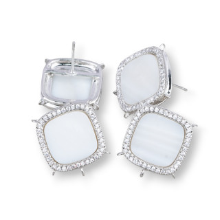 Base for Brass Stud Earrings with Natural Stones Square with 5 Hoops 16mm 3 Pairs Rhodium Plated White Mother of Pearl