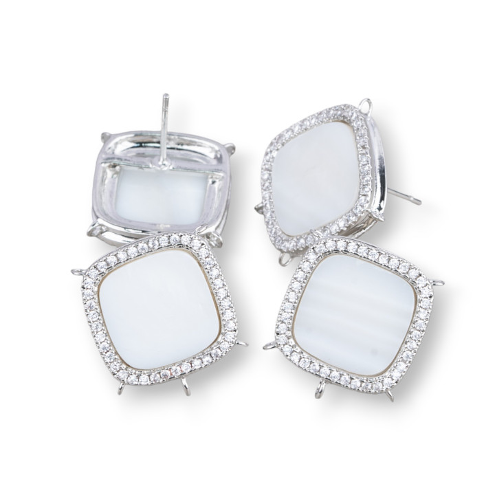 Base for Brass Stud Earrings with Natural Stones Square with 5 Hoops 16mm 3 Pairs Rhodium Plated White Mother of Pearl
