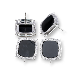 Boucles D'oreilles Tiges Laiton Base Avec Pierres Naturelles Carré Avec 5 Anneaux 16mm 3 Paires Noir Rhodié