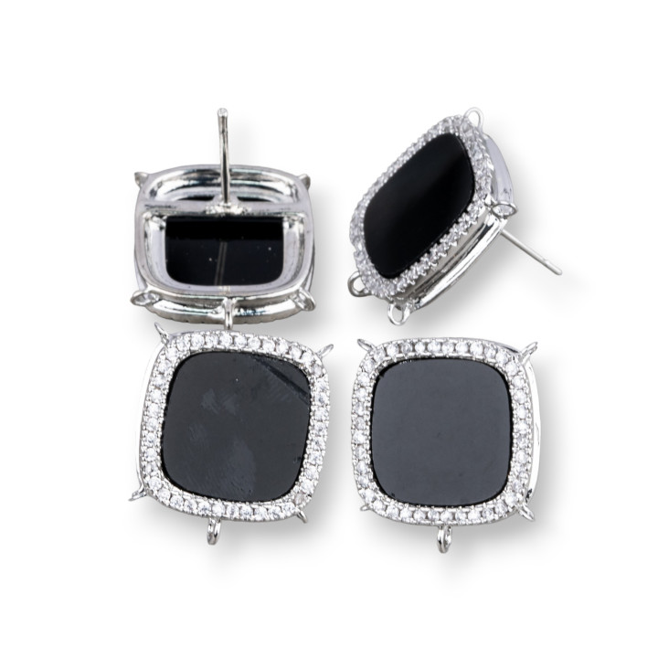 Aretes Latón Base Con Piedras Naturales Cuadradas Con 5 Anillos 16mm 3 Pares Rodio Negro