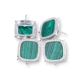 Base for Brass Stud Earrings with Natural Stones Square with 5 Hoops 16mm 3 Pairs Rhodium Plated Malachite Paste
