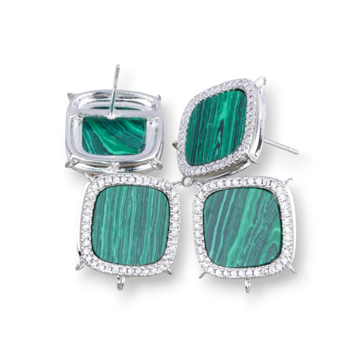 Base for Brass Stud Earrings with Natural Stones Square with 5 Hoops 16mm 3 Pairs Rhodium Plated Malachite Paste