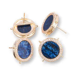 Aretes Latón Base Con Piedras Naturales Redondas Con 4 Anillos 16mm 3 Pares Azul Dorado