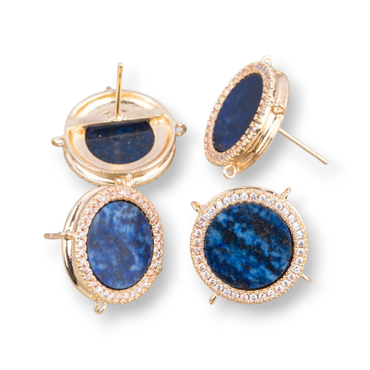 Boucles D'Oreilles Tige Laiton Avec Pierres Naturelles Rondes Avec 4 Anneaux 16mm 3 Paires Doré Bleu