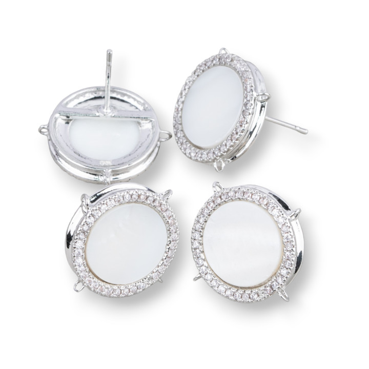 Boucles D'oreilles Tiges Laiton Base Avec Pierres Naturelles Rondes Avec 4 Anneaux 16mm 3 Paires Rhodium Nacre Blanche