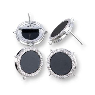 Aretes Latón Base Con Piedras Naturales Redondas Con 4 Anillos 16mm 3 Pares Rodio Negro