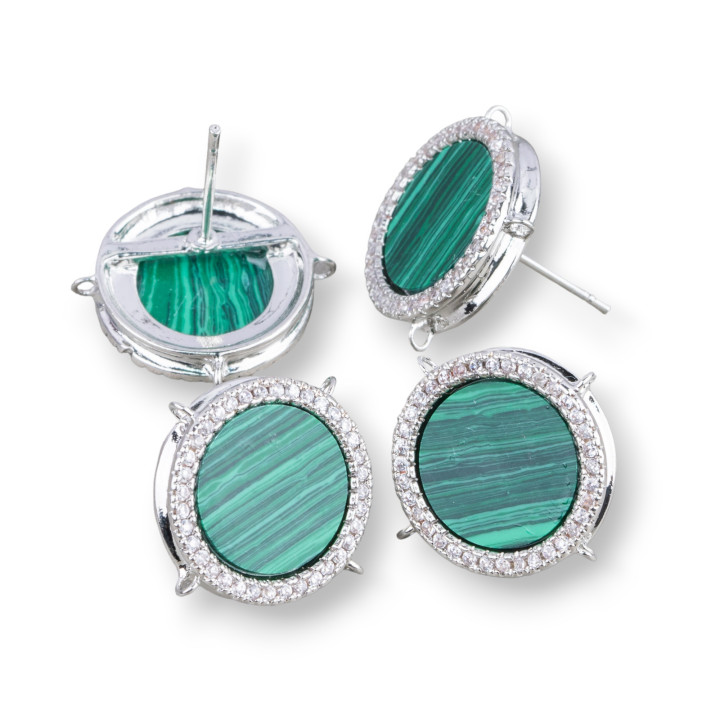 Boucles D'Oreilles Tiges Laiton Base Avec Pierres Naturelles Rondes Avec 4 Anneaux 16mm 3 Paires Pâte De Malachite Plaqué Rhodiu