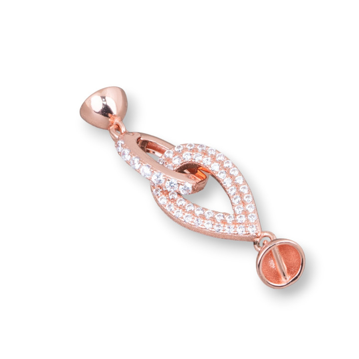 Fermoir en argent 925 avec goutte de zircons 9x33mm avec coupelles de 5,5 mm 2pcs Or rose