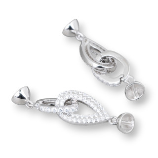 Fermoir en argent 925 avec goutte de zircons 9x33mm avec coupelles de 5,5 mm 2pcs Rhodium