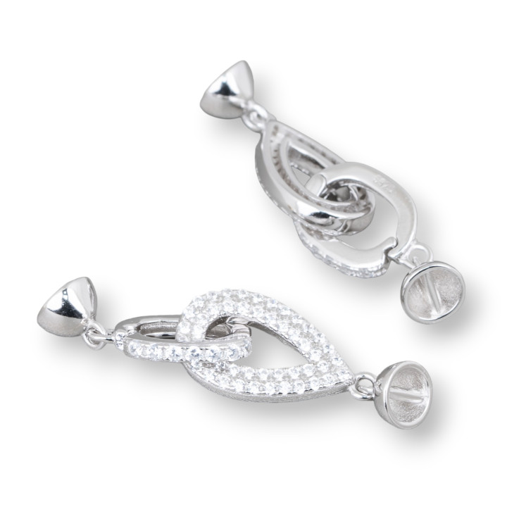 Fermoir en argent 925 avec goutte de zircons 9x33mm avec coupelles de 5,5 mm 2pcs Rhodium