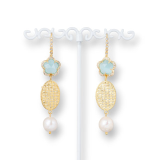 Pendientes Gancho Bronce Con Circonitas Con Ojos De Gato Y Oval De Bronce Con Perlas De Rio 15x70mm Agua