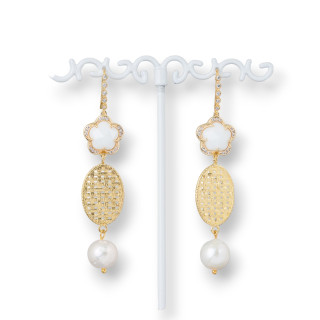 Pendientes Gancho Bronce Con Circonitas Con Ojos De Gato Y Oval De Bronce Con Perlas De Rio 15x70mm Agata Blanca