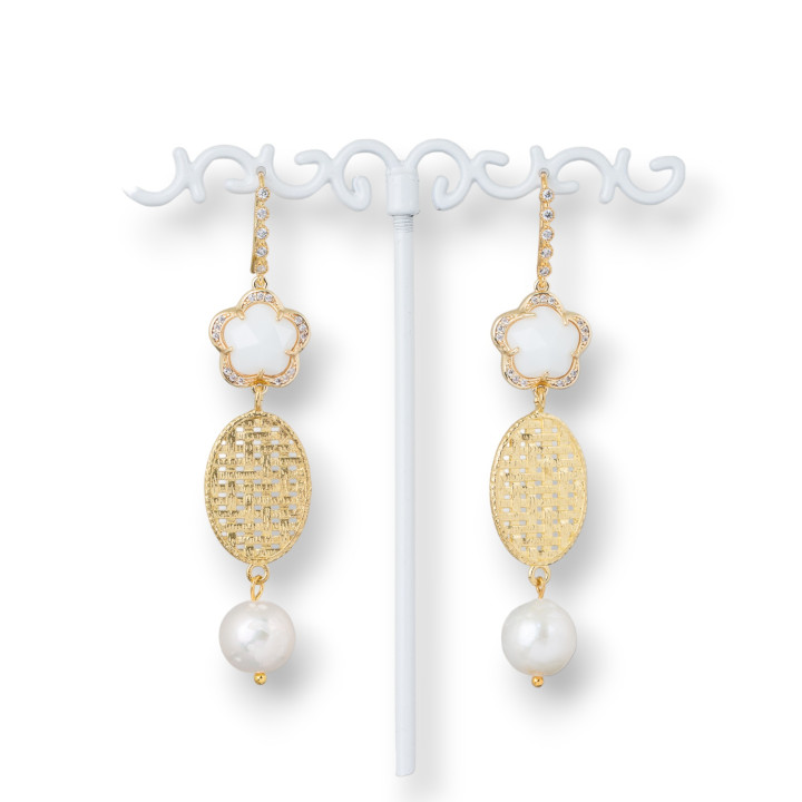 Boucles d'Oreilles Crochet Bronze Avec Zircons Oeil De Chat Et Bronze Ovale Avec Perles De Rivière 15x70mm Agate Blanche