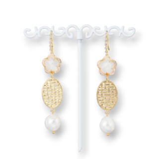 Aretes de gancho de circonita cúbica de bronce ojo de gato con perlas de río ovaladas de bronce 15x70 mm blanco cálido