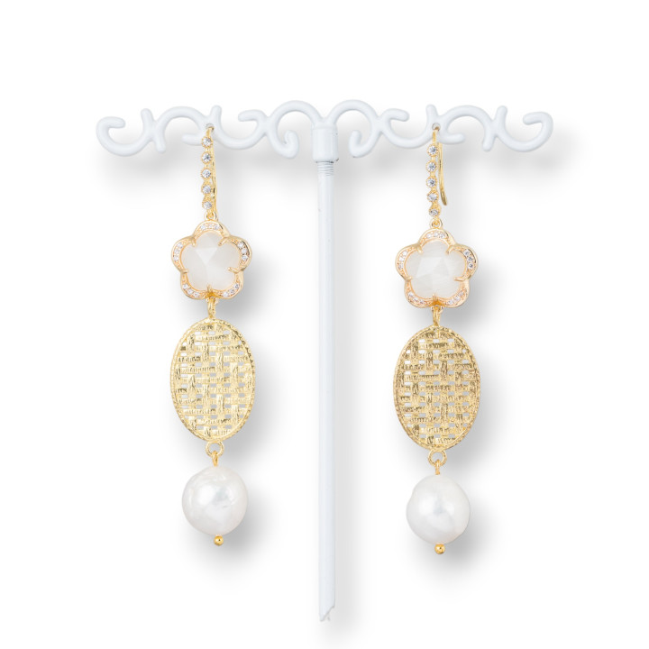 Aretes de gancho de circonita cúbica de bronce ojo de gato con perlas de río ovaladas de bronce 15x70 mm blanco cálido