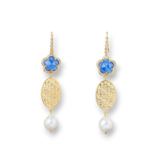 Pendientes Gancho De Bronce Con Circonitas Con Ojos De Gato Y Ovalado De Bronce Con Perlas De Rio 15x70mm Azul