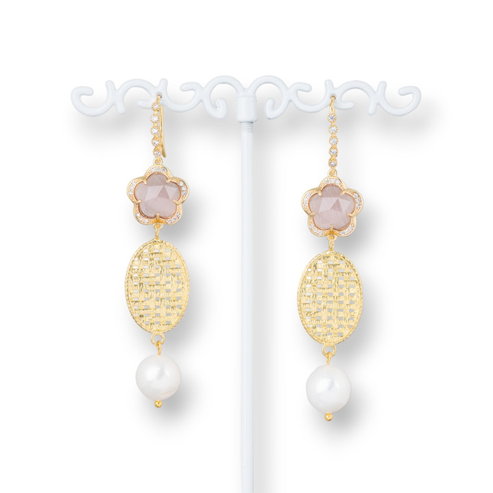 Boucles D'oreilles Crochet En Bronze Avec Zircons Avec Yeux De Chat Et Bronze Ovale Avec Perles De Rivière 15x70mm Poudre