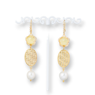 Pendientes Gancho De Bronce Con Circonitas Con Ojos De Gato Y Ovalado De Bronce Con Perlas De Rio 15x70mm Amarillo