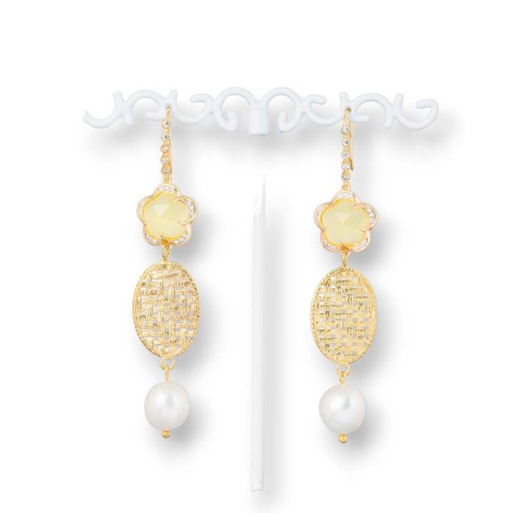 Bronze Earrings With Zircons With Cat's Eyes And Bronze Oval With River Pearls 15x70mm Yellow