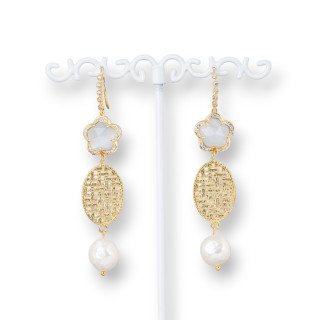 Pendientes Gancho De Bronce Con Circonitas Con Ojos De Gato Y Ovalado De Bronce Con Perlas De Rio 15x70mm Gris