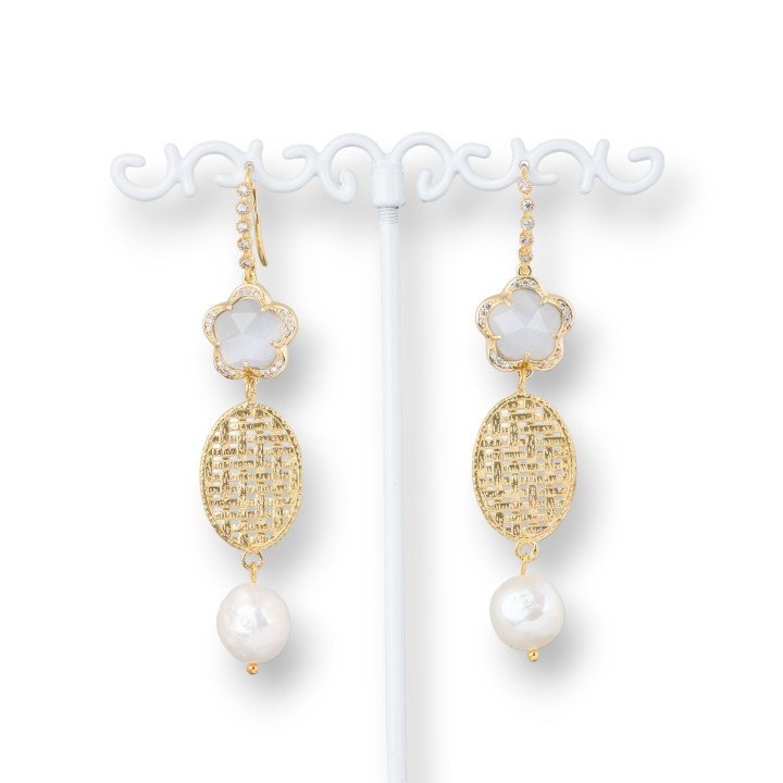 Bronze Earrings With Zircons With Cat's Eyes And Bronze Oval With River Pearls 15x70mm Gray