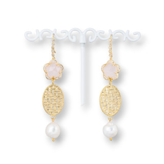 Pendientes Gancho De Bronce Con Circonitas Con Ojos De Gato Y Ovalado De Bronce Con Perlas De Rio 15x70mm Rosa