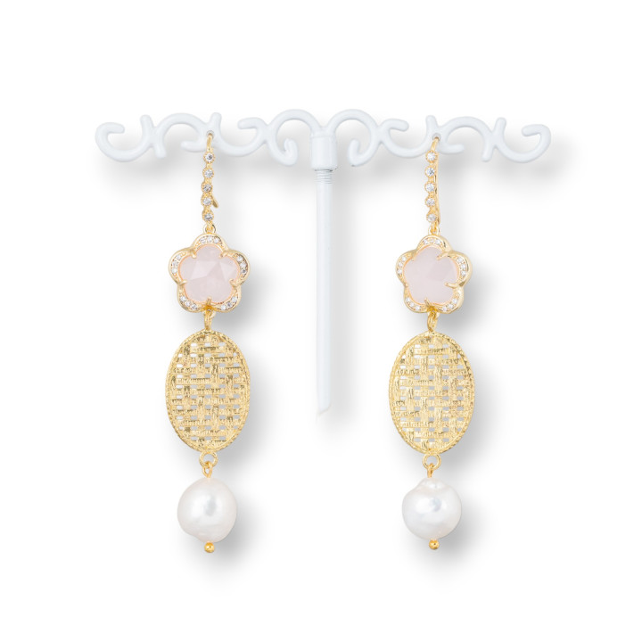 Boucles D'oreilles Crochet En Bronze Avec Zircons Avec Yeux De Chat Et Bronze Ovale Avec Perles De Rivière 15x70mm Rose