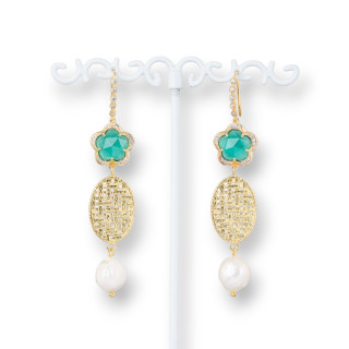 Boucles D'oreilles Crochet En Bronze Avec Zircons Avec Yeux De Chat Et Bronze Ovale Avec Perles De Rivière 15x70mm Vert