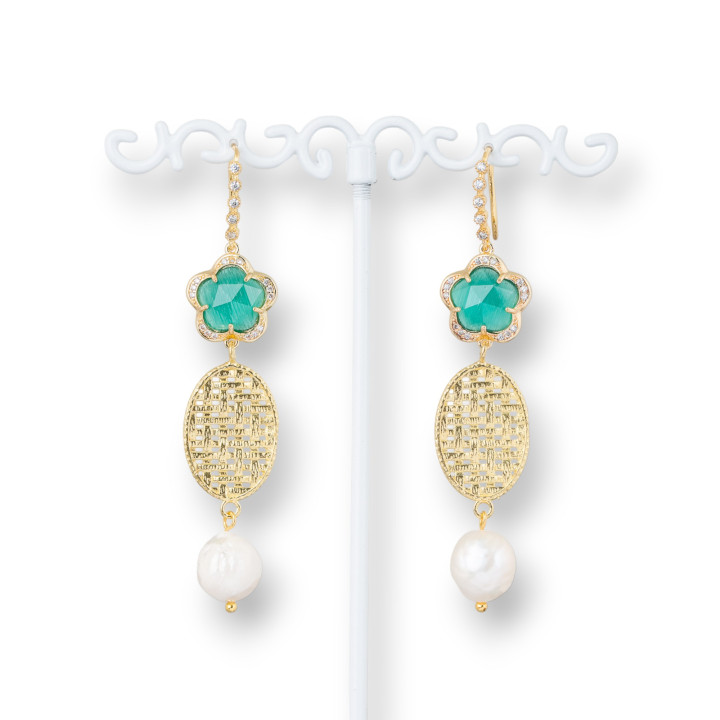 Boucles D'oreilles Crochet En Bronze Avec Zircons Avec Yeux De Chat Et Bronze Ovale Avec Perles De Rivière 15x70mm Vert
