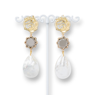 Boucles D'oreilles Tiges Bronze Oeil De Chat Et Nacre 20x73mm Fume'