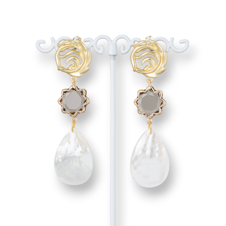 Boucles D'oreilles Tiges Bronze Oeil De Chat Et Nacre 20x73mm Fume'