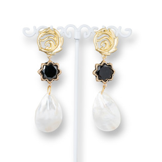 Boucles D'oreilles Tiges Bronze Oeil De Chat Et Nacre 20x73mm Noir