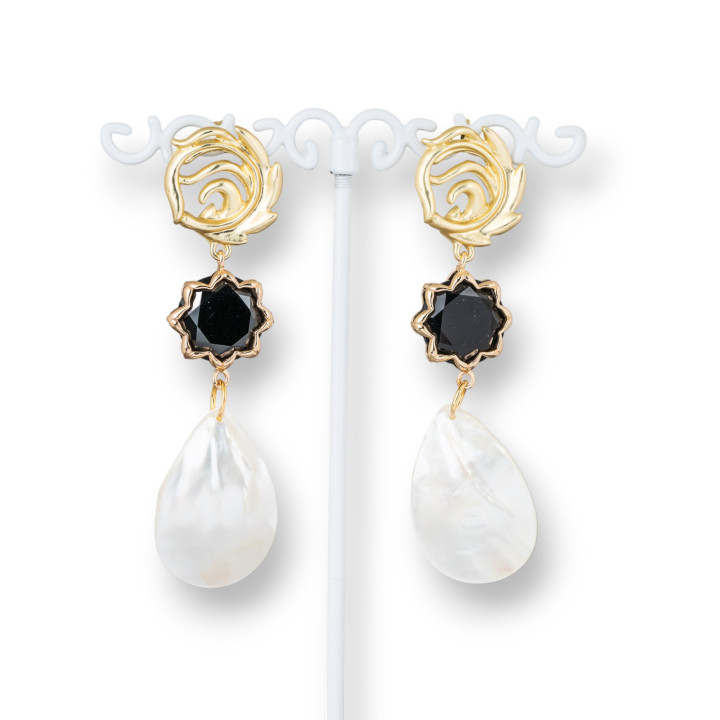 Boucles D'oreilles Tiges Bronze Oeil De Chat Et Nacre 20x73mm Noir