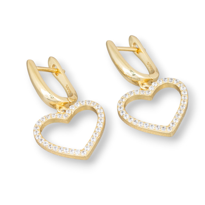 Orecchini Perno Di Argento 925 Con Zirconi Micropave' Cuore 16x30mm 1 Paio Dorato