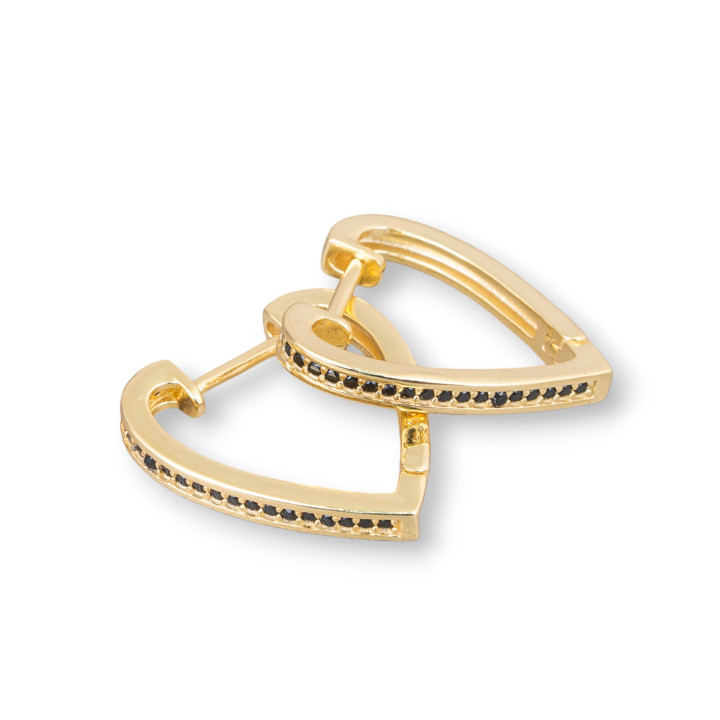 Boucles d'Oreilles Tiges Argent 925 Avec Coeur Zircons Micropave 2,5x18x19mm 2 Paires Doré Noir