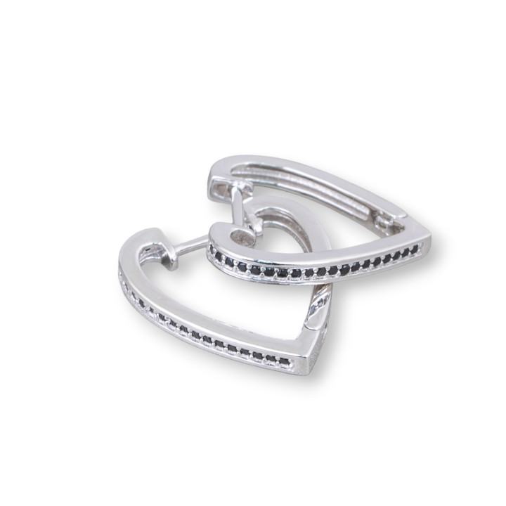 Orecchini Perno Di Argento 925 Con Zirconi Micropave' Cuore 2,5x18x19mm 2 Paia Rodiato Nero