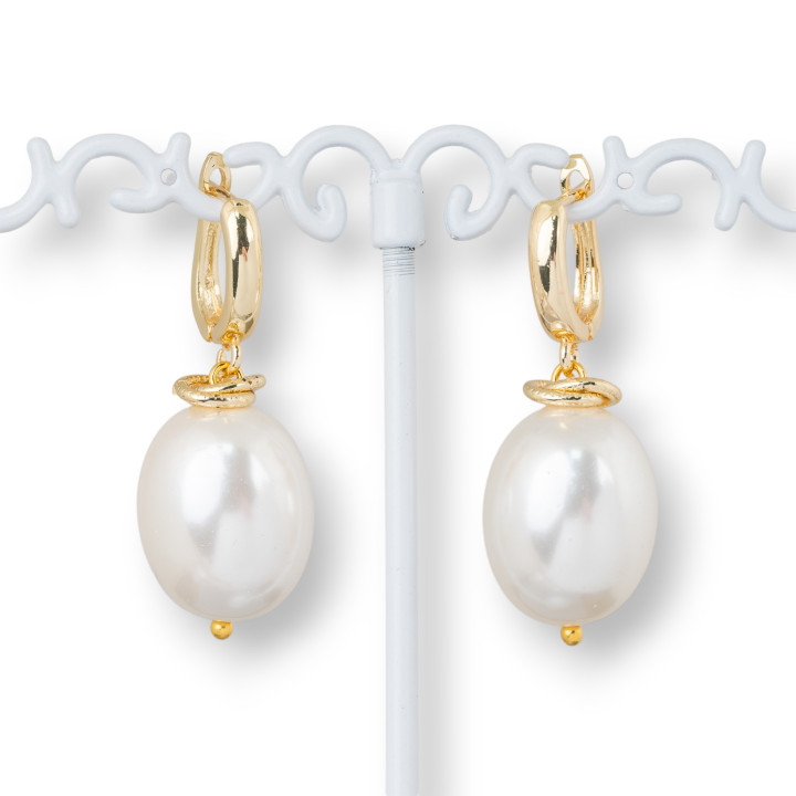 Boucles d'Oreilles Crochet Fermé Bronze Avec Pendentif Perles Majorquines Blanches 15x40mm