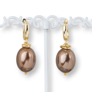 Orecchini A Monachella Chiusa Di Bronzo Con Pendente In Perle Di Maiorca 15x40mm Dorato Marrone