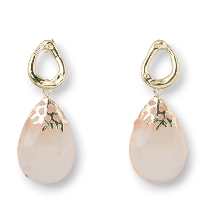 Bronze Stud Earrings With Fantasy Cup And Semi-precious Stones 20x50mm Peach